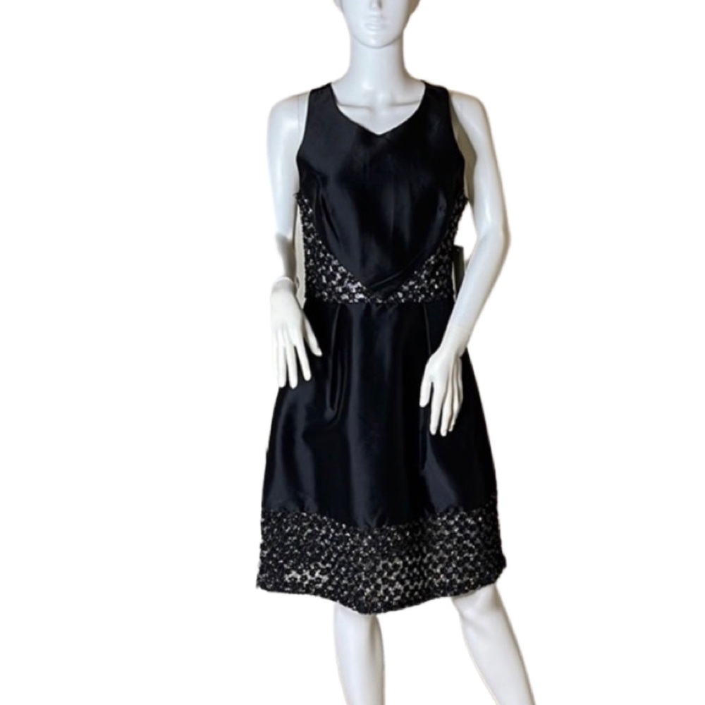 Theia Style 882846 Black Taffeta Embroidered Floral Fit and Flare Dress NWT